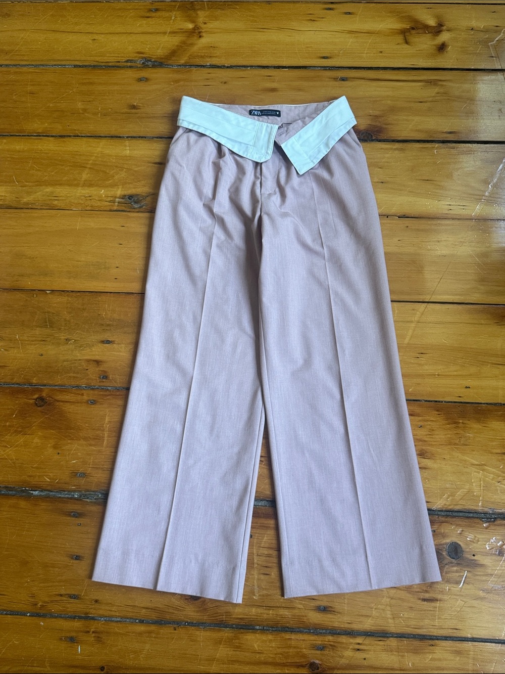 Zara Blush Pink Wide-Leg Trousers with White Folded Waist